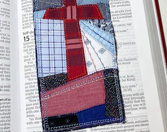 Christian Cross Quilted Fabric Bookmark No. 7, Handmade Bible Bookmark, Upcycled Shirt Fabric, Faith Gift