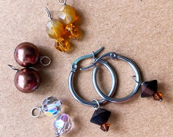 Earth Tone 4-in-1 Interchangeable Hoop Earrings – 4 Charm Set, Stainless Steel Hoops, Lightweight Everyday Jewelry