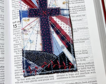 Christian Cross Quilted Fabric Bookmark No. 10, Handmade Bible Bookmark, Upcycled Shirt Fabric, Faith Gift