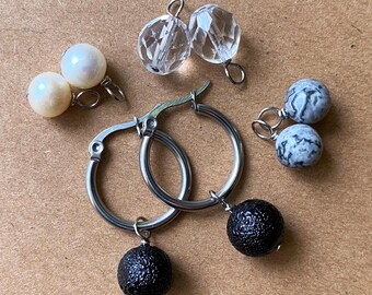 Monochrome 4-in-1 Interchangeable Hoop Earrings – 4 Charm Set, Stainless Steel Hoops, Minimal Everyday Jewelry