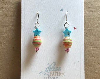 Colorful Dangle Earrings, Handmade Paper Bead Earrings, Neon Bright Jewelry, Lightweight Earrings, Sterling Silver - Summer Neon Brights