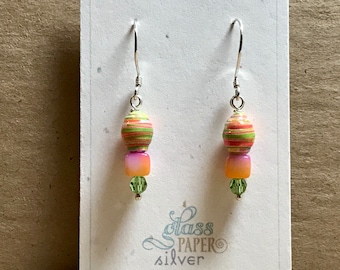 Colorful Dangle Earrings, Handmade Paper Bead Earrings, Bright Boho Jewelry, Lightweight Earrings, Sterling Silver - Summer Neon Brights
