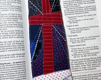 Christian Cross Fabric Bookmark No. 2 – Quilted Patchwork, Upcycled Cotton, Bible Bookmark Gift