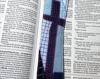 Christian Cross Fabric Bookmark No. 3 – Reversible Quilted Patchwork, Upcycled Cotton, Bible Gift