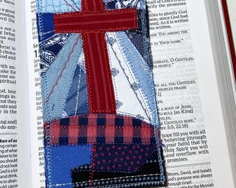 Christian Cross Fabric Bookmark No. 5 – Reversible Quilted Patchwork, Upcycled Cotton, Bible Gift