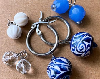 Modern Blue 4-in-1 Interchangeable Hoop Earrings – 4 Charm Set, Stainless Steel Hoops, Lightweight Jewelry