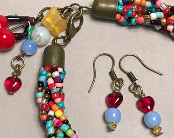 Multicolor braided seed bead bracelet with cherry charm + coordinating earring set