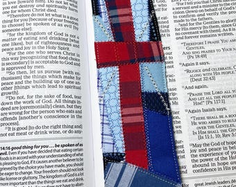 Christian Cross Fabric Bookmark No. 4 – Reversible Quilted Patchwork, Upcycled Cotton, Bible Gift