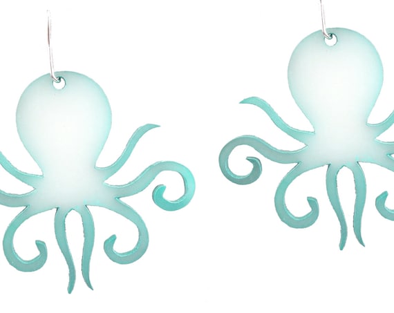 Enameled and Acrylic Octopus Earrings in Teal