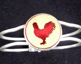 Rooster Cuff Bracelet from cut Plywood and Felt set into Hinged Stainless Steel setting