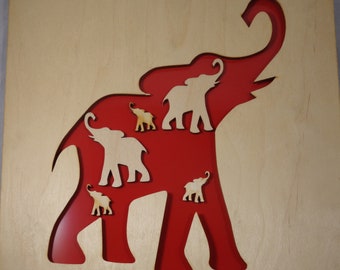 Elephant with Elephants Plywood and Recycled Aluminum in Red