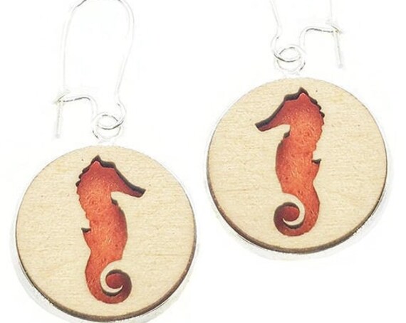 Seahorse Earrings from cut Plywood and felt set in Stainless Steel  and hung from silver