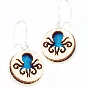Octopus Earrings from cut Plywood and Felt set in Stainless Steel and hung from silver