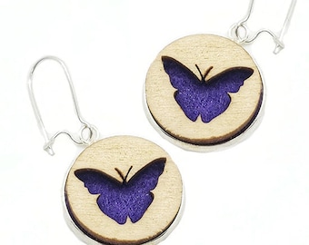 Butterfly Earrings from cut Plywood and Felt set in Stainless Steel and hung from silver