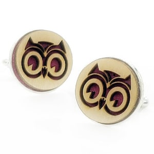 Owl cuff links of stainless Steel, Plywood and Felt for Father&#39;s Day Gift, 5th anniversary gift, Groomsmen gift, Wedding cuff links