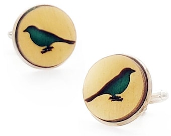 Bird cuff links of stainless Steel, Plywood and Felt for Father's Day Gift, 5th anniversary gift, Groomsmen gift, Wedding cuff links