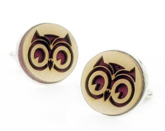 Owl cuff links of stainless Steel, Plywood and Felt for Father's Day Gift, 5th anniversary gift, Groomsmen gift, Wedding cuff links