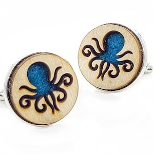 Octopus cuff links of stainless Steel, Plywood and Felt for Father&#39;s Day Gift, 5th anniversary gift, Groomsmen gift, Wedding cuff links