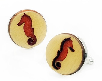 Seahorse cuff links of stainless Steel, Plywood and Felt for Father's Day Gift, 5th anniversary gift, Groomsmen gift, Wedding cuff links