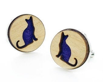 Cat cuff links of stainless Steel, Plywood and Felt for Father's Day Gift, 5th anniversary gift, Groomsmen gift, Wedding cuff links