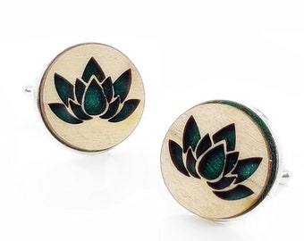 Lotus cuff links of stainless Steel, Plywood and Felt for Father's Day Gift, 5th anniversary gift, Groomsmen gift, Wedding cuff links