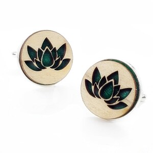 Lotus cuff links of stainless Steel, Plywood and Felt for Father&#39;s Day Gift, 5th anniversary gift, Groomsmen gift, Wedding cuff links