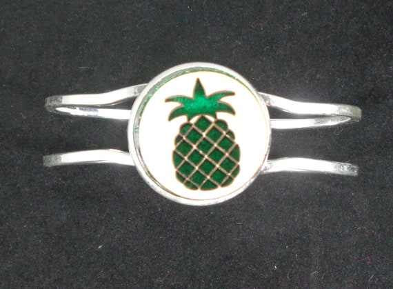 Pineapple Cuff Bracelet from cut Plywood and Felt set into Hinged Stainless Steel setting