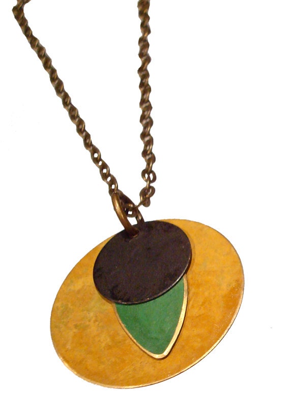 Large Round Brass Patina Pendant in Mustard, lime and Black