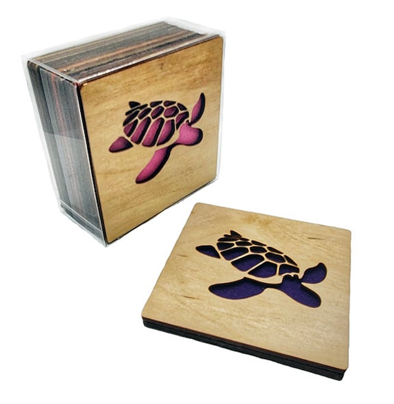 4 Turtle Coasters wooden laser cut natural eco-friendly Waterproof plywood birch and Felt