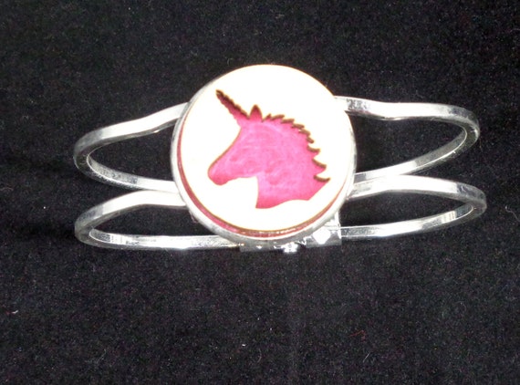 Unicorn Cuff Bracelet from cut Plywood and Felt set into Hinged Stainless Steel setting