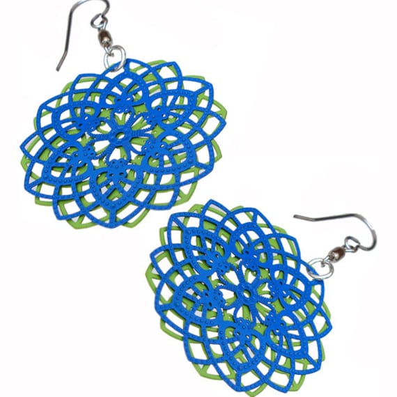 Spirograph Stainless Steel Earrings in Apple Green/Blue