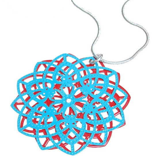 Spirograph Stainless Steel Pendant in Aqua/Red