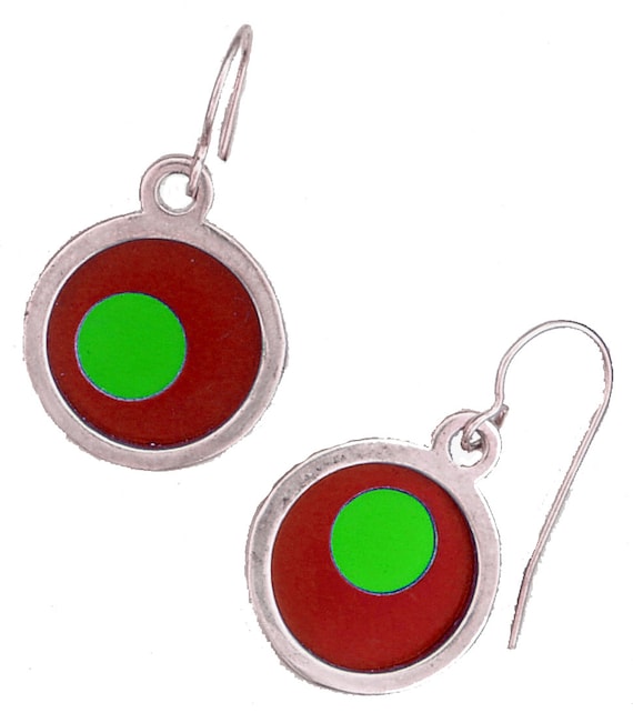 two tone Silver Round Small Earrings in Red and lime