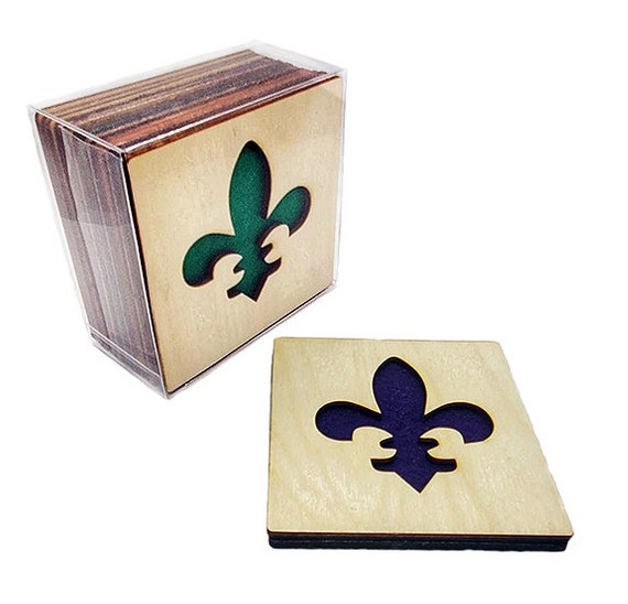 4 Fleur-de-lis Coasters wooden laser cut natural eco-friendly Waterproof plywood birch and Felt