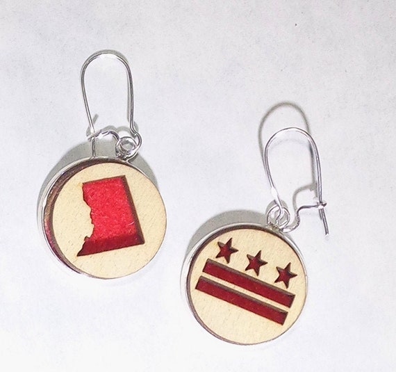 DC Earrings from cut Plywood and Felt set in Stainless Steel and hung from silver