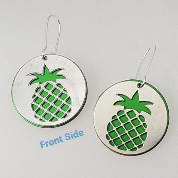 Double sided Pineapple Earrings from Stainless Steel with Green recycled aluminum or plywood