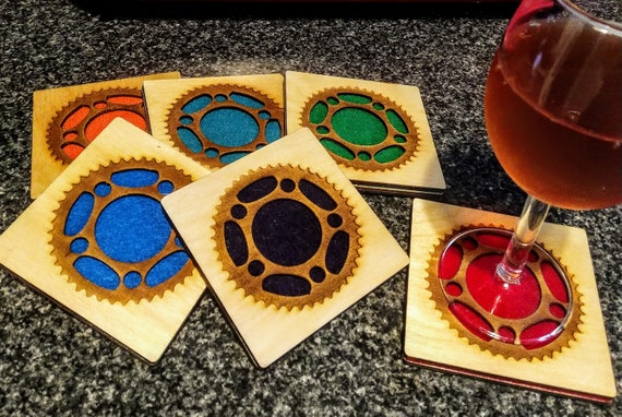 6 Gear Coasters laser cut natural eco-friendly Waterproof plywood birch and Felt