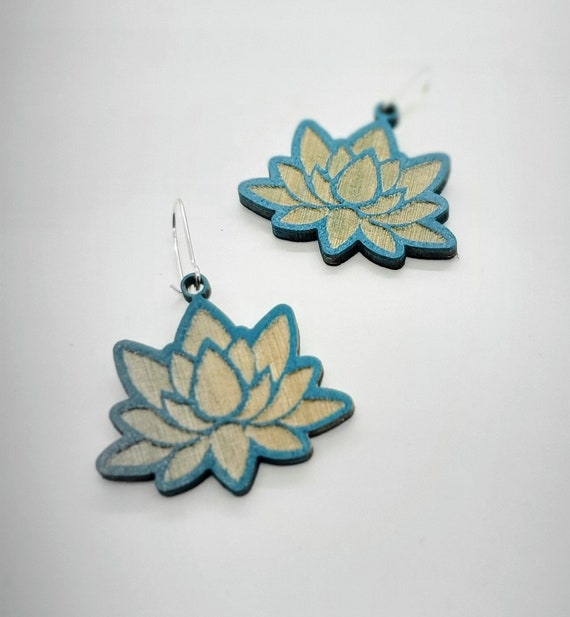 Teal Lotus Earrings from cut Plywood with Silver ear wires