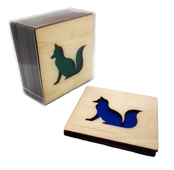 4 Fox Coasters laser cut natural eco-friendly Waterproof plywood birch and Felt