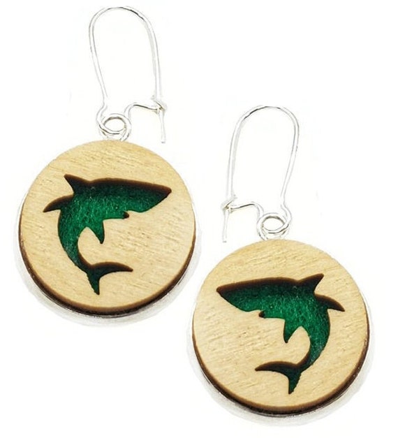 Shark Earrings from cut Plywood and Felt set in Stainless Steel and hung from silver