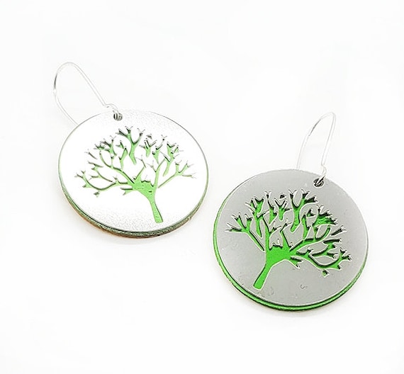 Reversible Tree of Life Earrings with Anodized Aluminum and Plywood