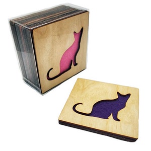 4 Cat Coasters corte láser madera natural ecológico abedul de madera contrachapada impermeable y fieltro