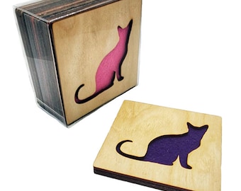 4 Cat Coasters laser cut wood natural eco-friendly Waterproof plywood birch and Felt