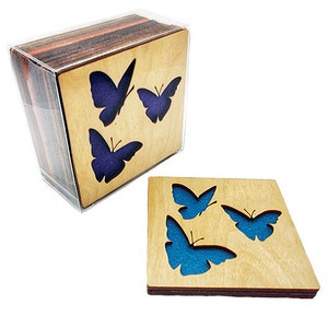 4 Coasters mariposa corten con láser madera natural eco-friendly abedul de madera contrachapada impermeable y fieltro