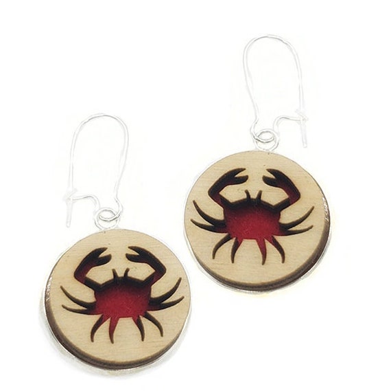 Crab Earrings from cut Plywood and felt set in Stainless Steel  and hung from silver