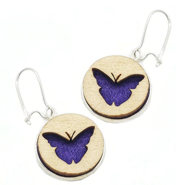 Butterfly Earrings from cut Plywood and Felt set in Stainless Steel and hung from silver