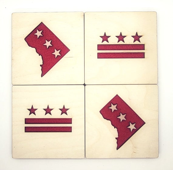 Set of Set of 4 = 2 DC FLAG and 2 DISTRICT Coasters laser cut wood natural eco-friendly Waterproof plywood birch and Felt