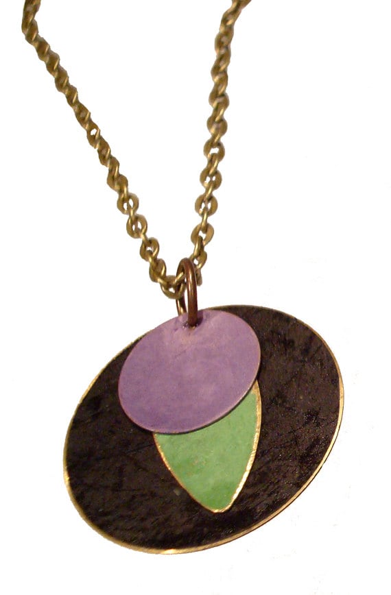 Large Round Brass Patina Pendant in Black, Lime and Purple