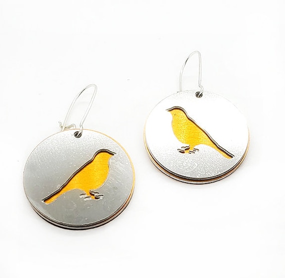 Reversible Bird Earrings with Anodized Aluminum and Plywood