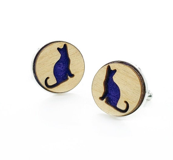 Cat cuff links of stainless Steel, Plywood and Felt for Father's Day Gift, 5th anniversary gift, Groomsmen gift, Wedding cuff links